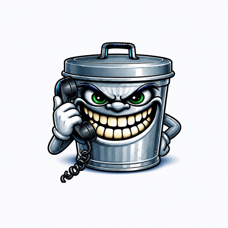 The Junk Heads mascot, a grinning galvanised trash can, answering a telephone