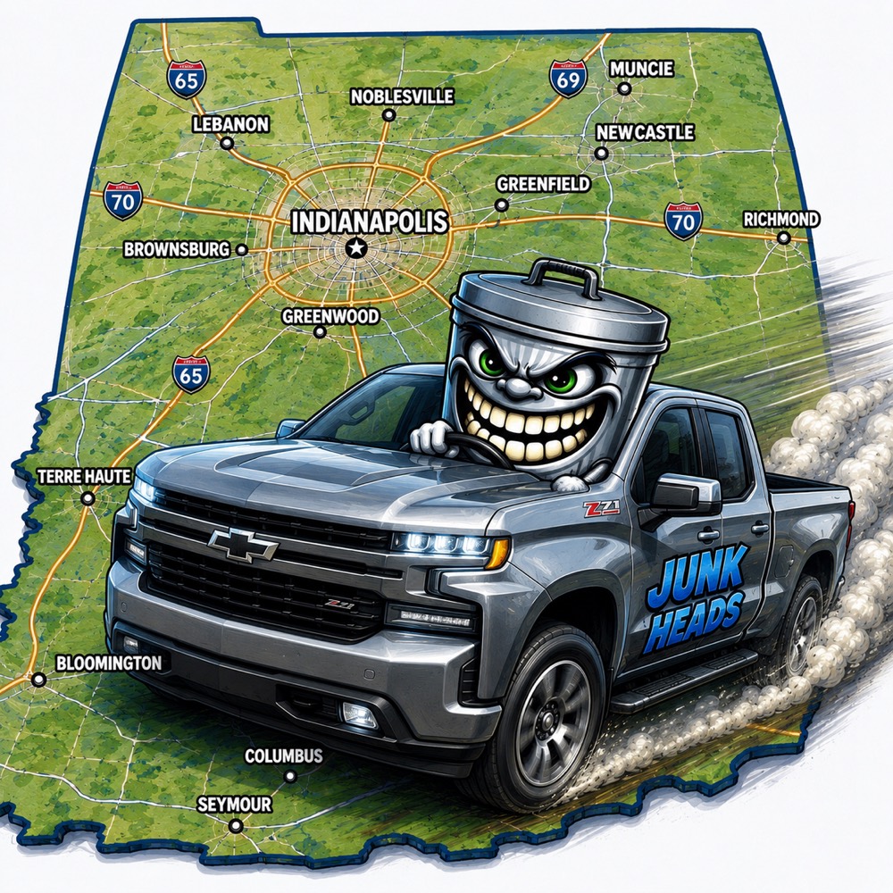 Illustrated map of Indiana with the Junk Heads truck, centred on Indianapolis and Central Indiana