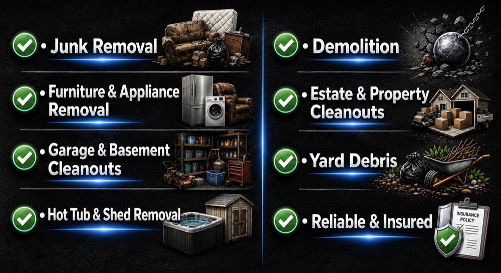 Junk Heads service list: junk removal, furniture and appliance removal, garage and basement cleanouts, hot tub and shed removal, demolition, estate and property cleanouts, yard debris